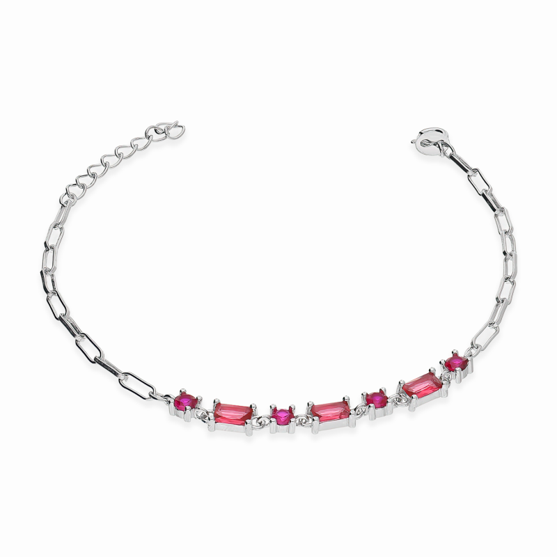 Bransoleta srebrna z fuksjowymi cyrkoniami/anker long PW468-1 ROD fuksja próba 925