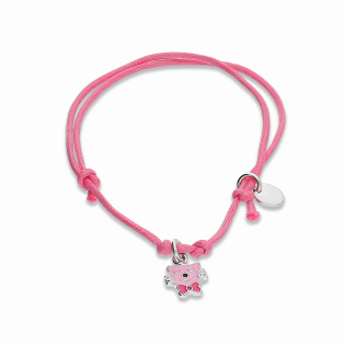 Bransoleta dla dziewczynki kot z kokardką na różowym sznurku