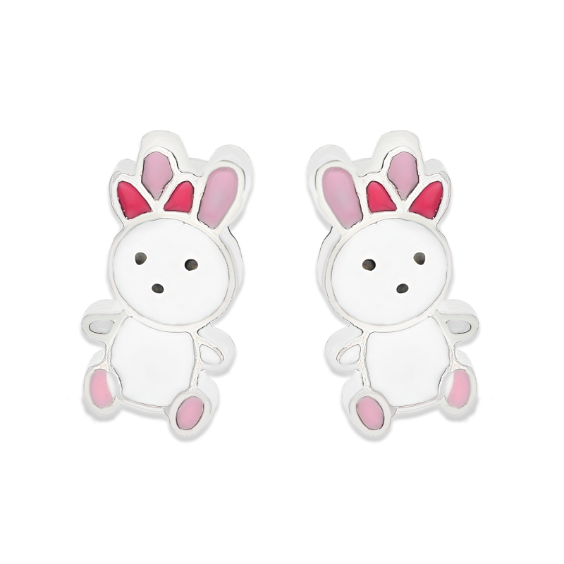 Kolczyki srebrne dla dziewczynki królik z białą emalią/sztyft PW629 próba 925