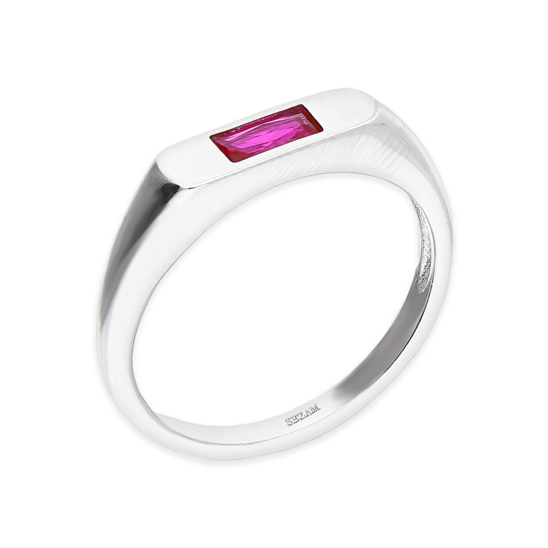 Pierścionek srebrny sygnecik z prostokątną fuksjową cyrkonią PW643 fuksja próba 925