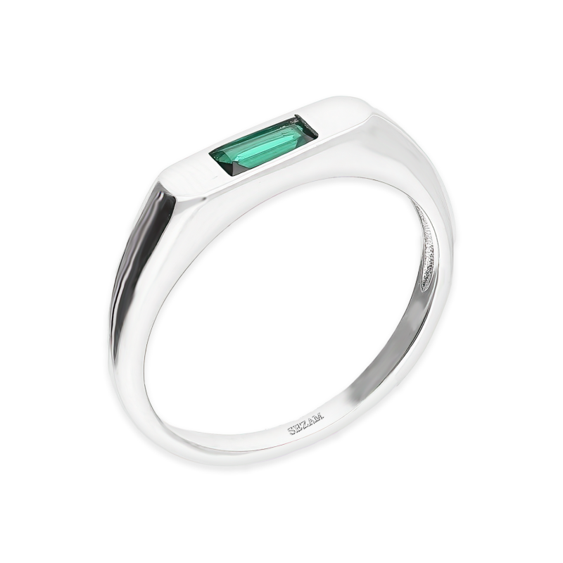 Pierścionek srebrny sygnecik z prostokątną zieloną cyrkonią PW643 zielony próba 925