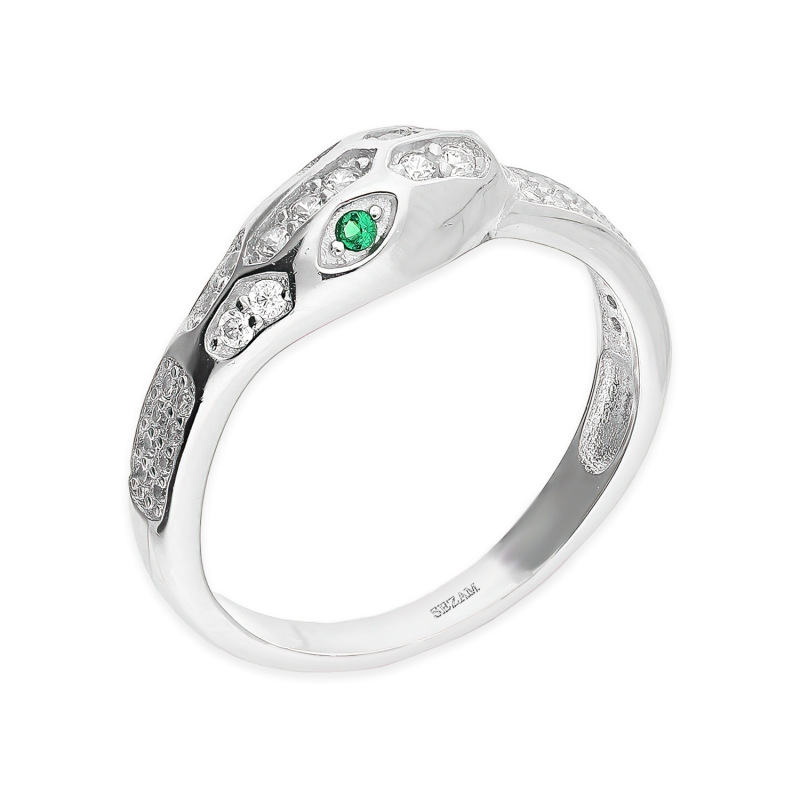 Pierścionek srebrny wąż z zielonymi i białymi cyrkoniami PW wąż ROD próba 925