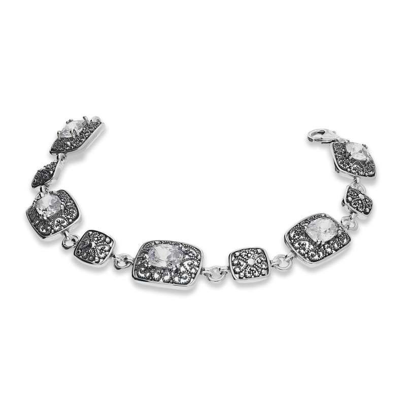 Bransoleta srebrna prostokąty ornament z białymi cyrkloniami SZ181 próba 925