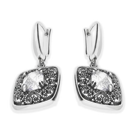 Kolczyki srebrne prostokąt ornament z cyrkonią/ang.zap. SZ181 próba 925