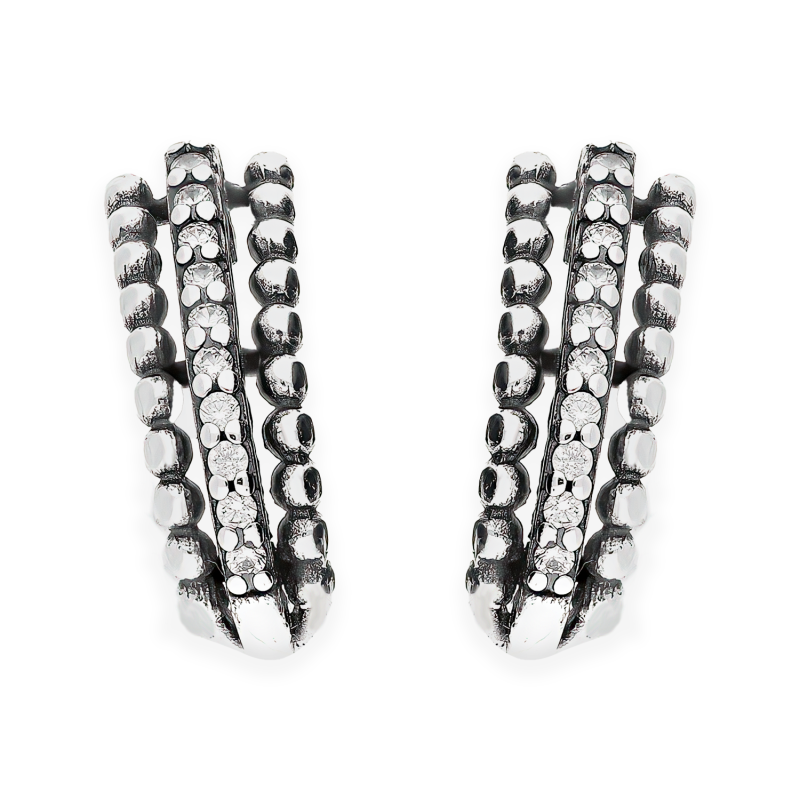 Kolczyki srebrne łuk z kulkami bead i białymi cyrkoniami/sztyft SZ306 próba 925