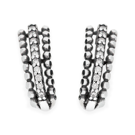 Kolczyki srebrne łuk z kulkami bead i białymi cyrkoniami/sztyft SZ306 próba 925