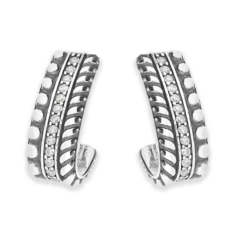 Kolczyki srebrne łuk z kulkami bead i białymi cyrkoniami/sztyft SZ306-1 próba 925