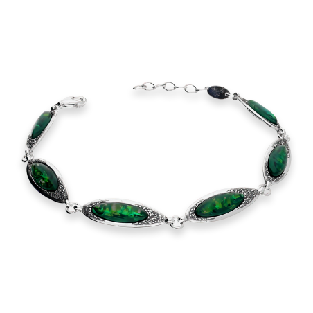 Bransoleta srebrna łezki z szmaragdowymi opalami jubilerskimi SZ345 opal szmaragdowy próba 925