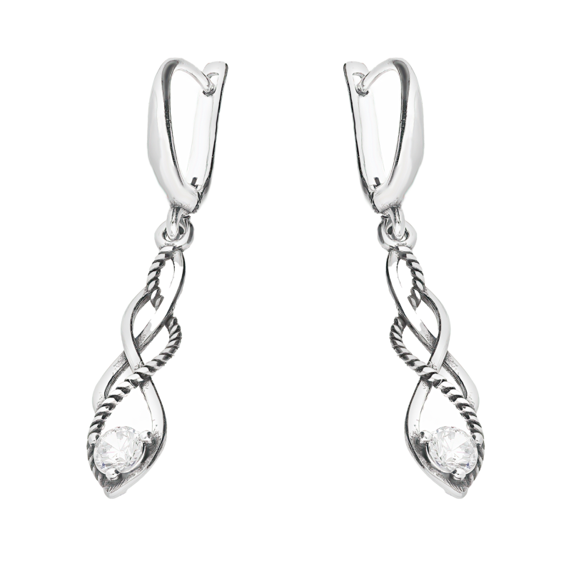 Kolczyki srebrne przeplatane krople z białą cyrkonią/ang.zap. SZ348 próba 925