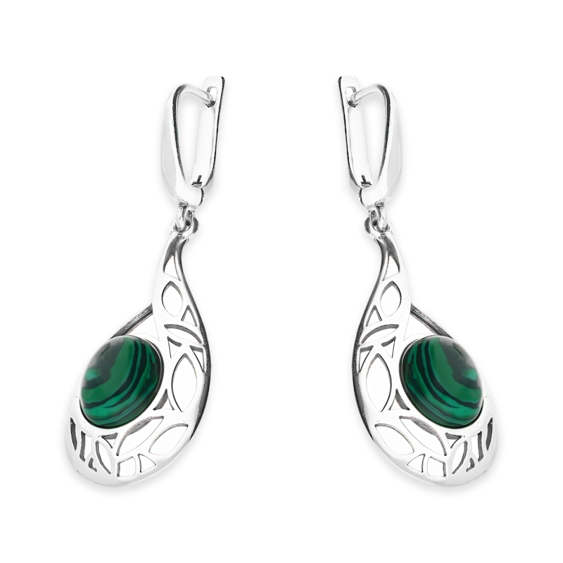 Srebrne kolczyki z malachitem - ażurowa kropla pr. 925 - JubilerSezam.pl