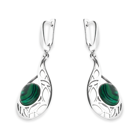 Srebrne kolczyki z malachitem - ażurowa kropla pr. 925 - JubilerSezam.pl