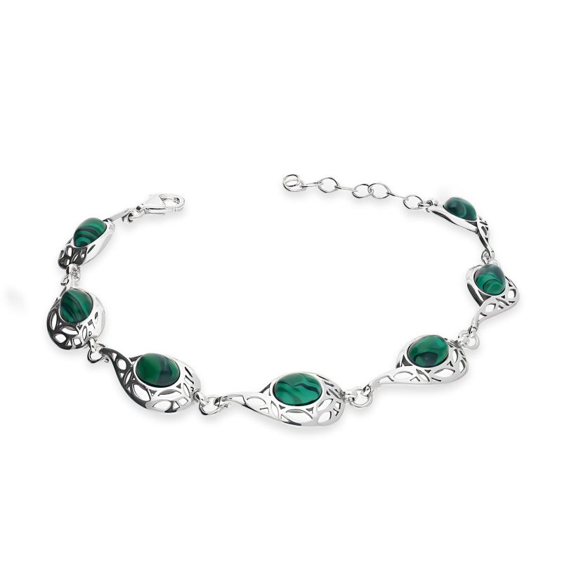 Srebrna Bransoleta Ażurowe Krople z Malachitem - JubilerSezam.pl