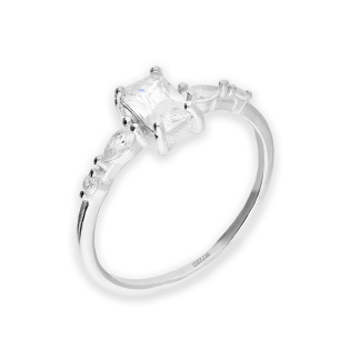 Pierścionek srebrny biała cyrkonia bagieta i cyrkonie po bokach AT785 ROD próba 925