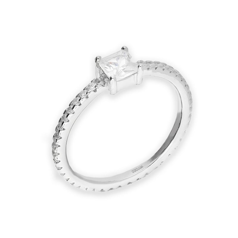 Pierścionek srebrny kwadratowa cyrkonia i cyrkonie w szynie AT790 ROD próba 925