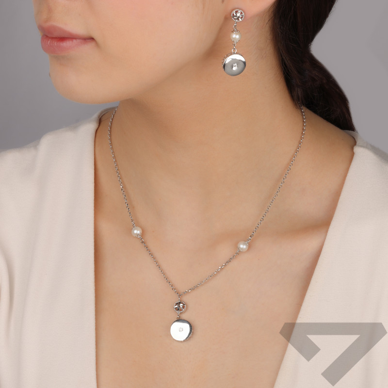 Kolczyki srebrne perła i koło z cyrkonią/sztyft PW769 ROD próba 925