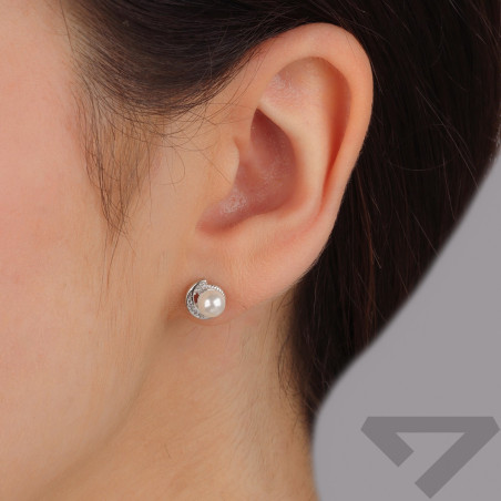 Kolczyki srebrne biała perła na ślimaku z cyrkoniami/sztyft AT855 próba 925