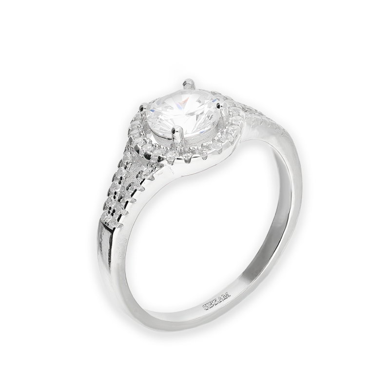 Pierścionek srebrny okrągła markiza z białymi cyrkoniami AT804 próba 925