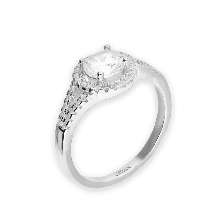 Pierścionek srebrny okrągła markiza z białymi cyrkoniami AT804 próba 925