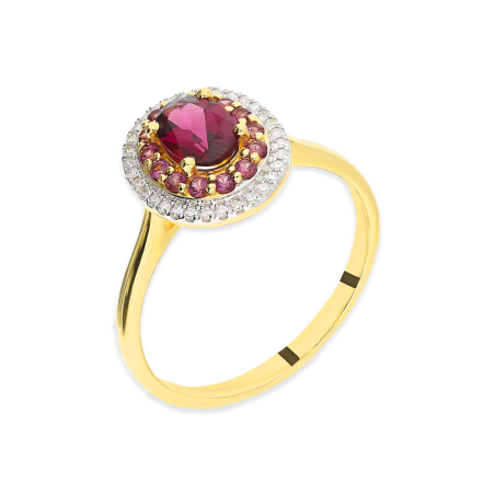 Pierścionek złoty z rodolitem i białymi diamentami AW 90188 Y-RDT owal próba 585