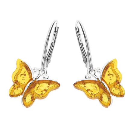 Srebrne Kolczyki Motyl z Bursztynem Miodowym pr. 925 - JubilerSezam.pl