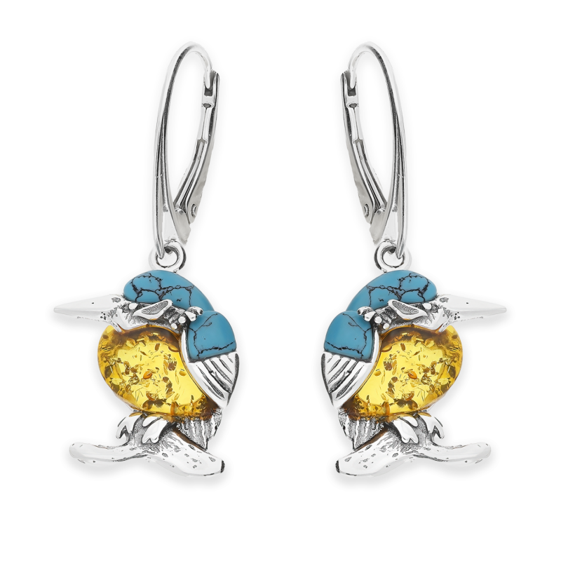 Srebrne Kolczyki Ptaki z Turkusem i Bursztynem - JubilerSezam.pl
