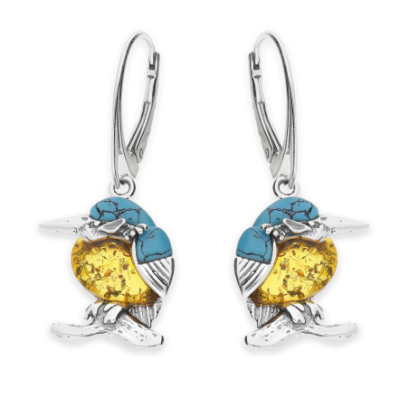 Srebrne Kolczyki Ptaki z Turkusem i Bursztynem - JubilerSezam.pl