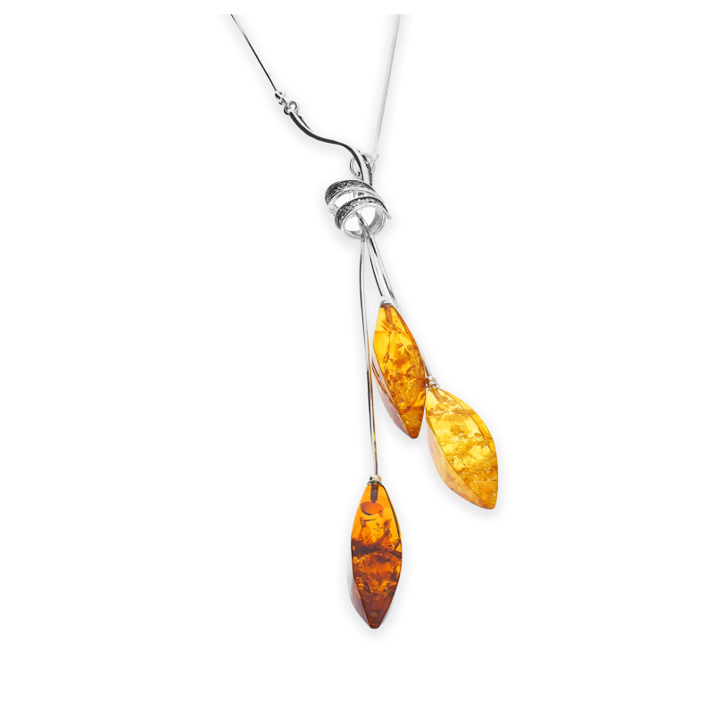 Naszyjnik srebrny z bursztynami w formie kropli FI SN857-koniak-miodowy próba 925