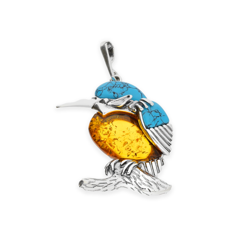 Zawieszka srebrna ptak z bursztynem i turkusem FI SN1296 koniak+turkus próba 925