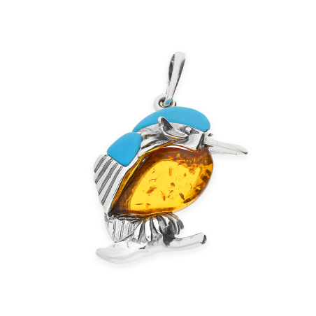 Zawieszka srebrna ptak z bursztynem i turkusem FI SN1296-M-koniak+turkus próba 925