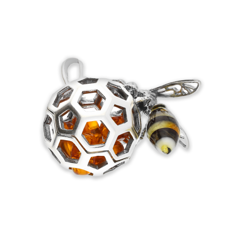 Zawieszka srebrna pszczoła z plastrem miodu z bursztynem FI SN1415-A-koniak-mleczny próba 925