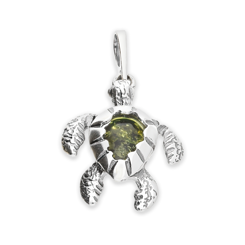 Zawieszka srebrna żółw z zielonym bursztynem oprawa AG FI SN1612-M-zielony próba 925