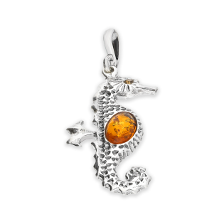 Zawieszka srebrna konik morski z bursztynem koniakowym FI SN1614-M-koniakowy próba 925