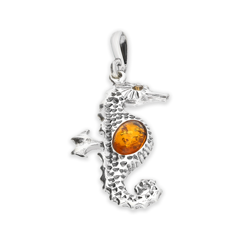 Zawieszka srebrna konik morski z bursztynem koniakowym FI SN1614-M-koniakowy próba 925