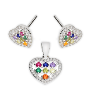 Komplet srebrny kolczyki i zawieszka serce z kolorowymi cyrkoniami HS1868 próba 925