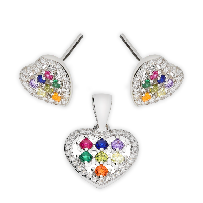 Komplet srebrny kolczyki i zawieszka serce z kolorowymi cyrkoniami HS1868 próba 925