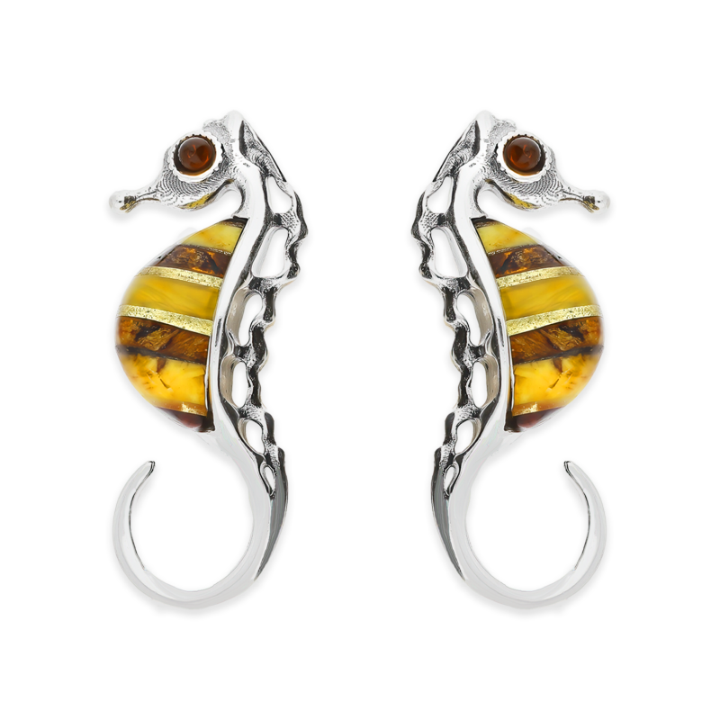 Srebrne Kolczyki Konik Morski z Bursztynem pr. 925 - JubilerSezam.pl