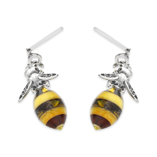 Srebrne Kolczyki Pszczoły z Bursztynem - JubilerSezam.pl