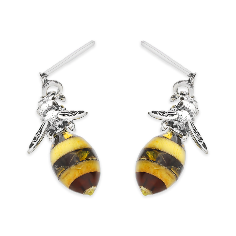 Srebrne Kolczyki Pszczoły z Bursztynem - JubilerSezam.pl