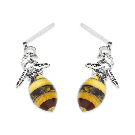 Srebrne Kolczyki Pszczoły z Bursztynem - JubilerSezam.pl