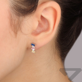Kolczyki srebrne trzy kolorowe cyrkonie bagiety/sztyft DA1021 próba 925