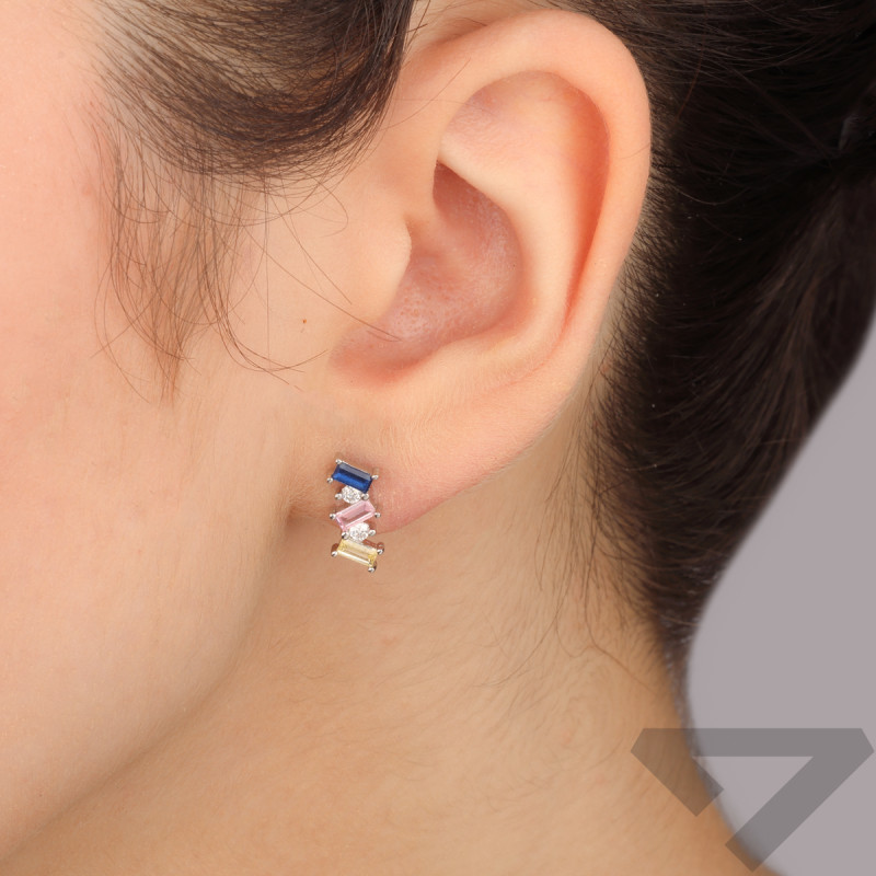 Kolczyki srebrne trzy kolorowe cyrkonie bagiety/sztyft DA1021 próba 925