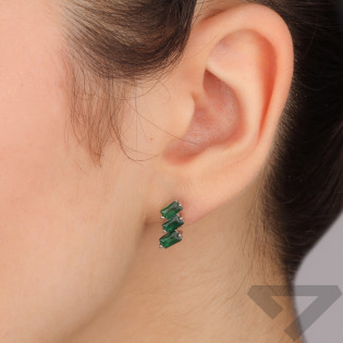 Kolczyki srebrne trzy zielone cyrkonie bagiety/sztyft DA1022 próba 925