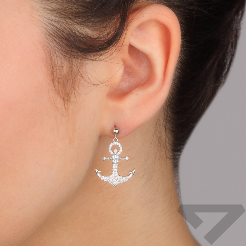 Kolczyki srebrne kotwica z białymi cyrkoniami/sztyft TB 16021 próba 925