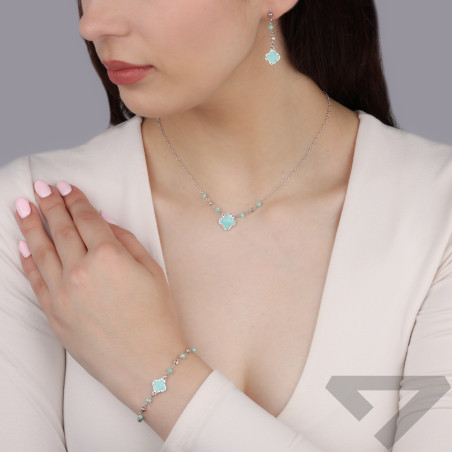 Bransoleta srebrna koniczyna z morską emalią i kulki/rolo PW709 ROD morski próba 925