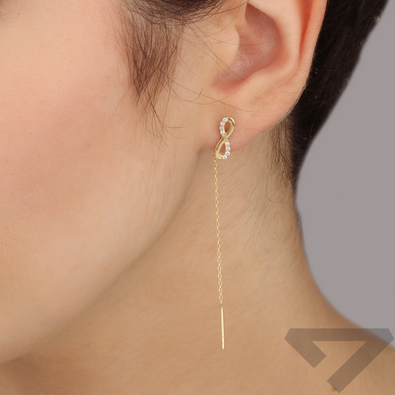 Kolczyki złote infinity z białymi cyrkoniami przeciągane