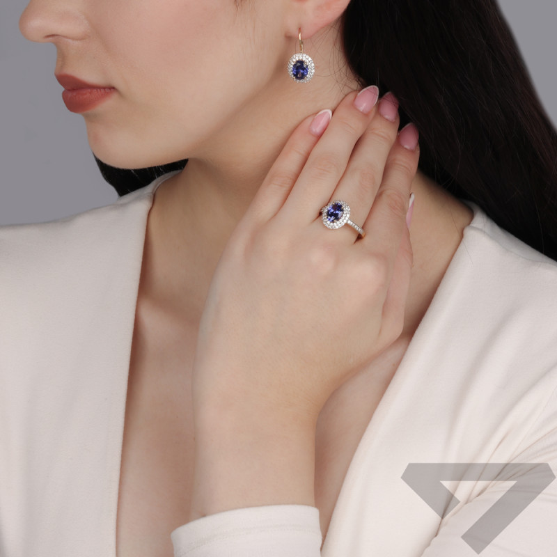 Pierścionek złoty z tanzanitem jubilerskim i cyrkoniami CI 9054B-6664B TNZ próba 585