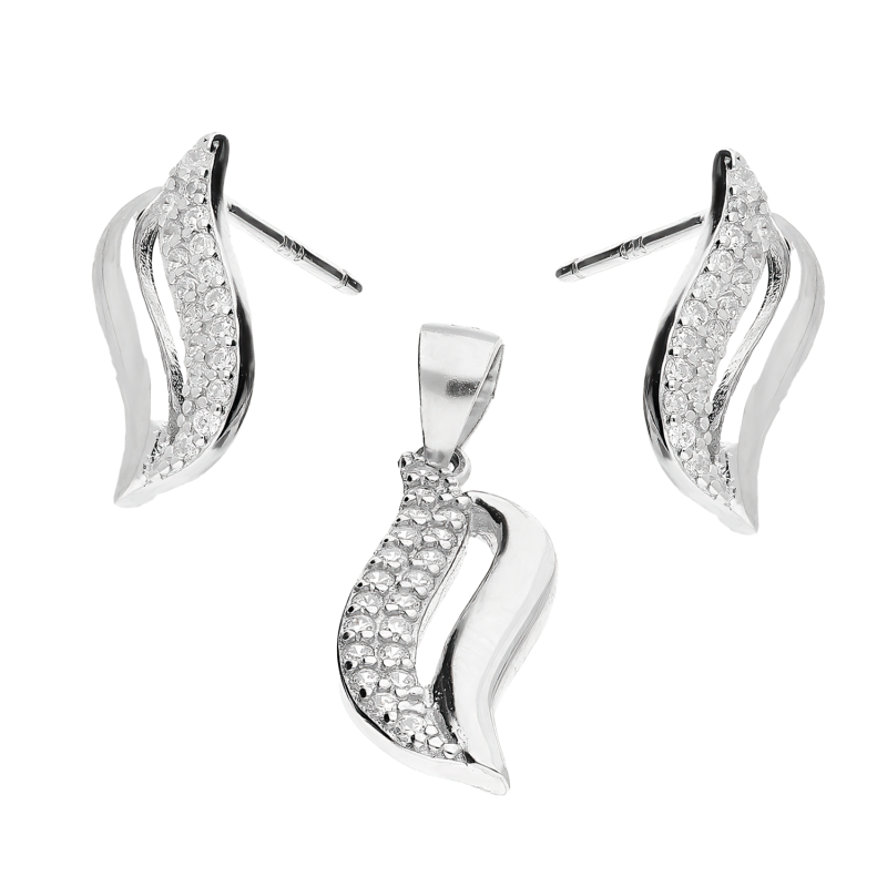 Komplet srebrny kolczyki i zawieszka fala z cyrkoniami AT421 próba 925