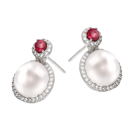 Kolczyki srebrne biała perła z rubinem