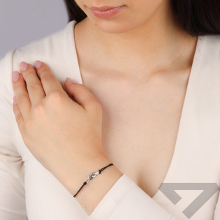 Bransoletka srebrna 925 pióro z białymi cyrkoniami na czarnym sznurku