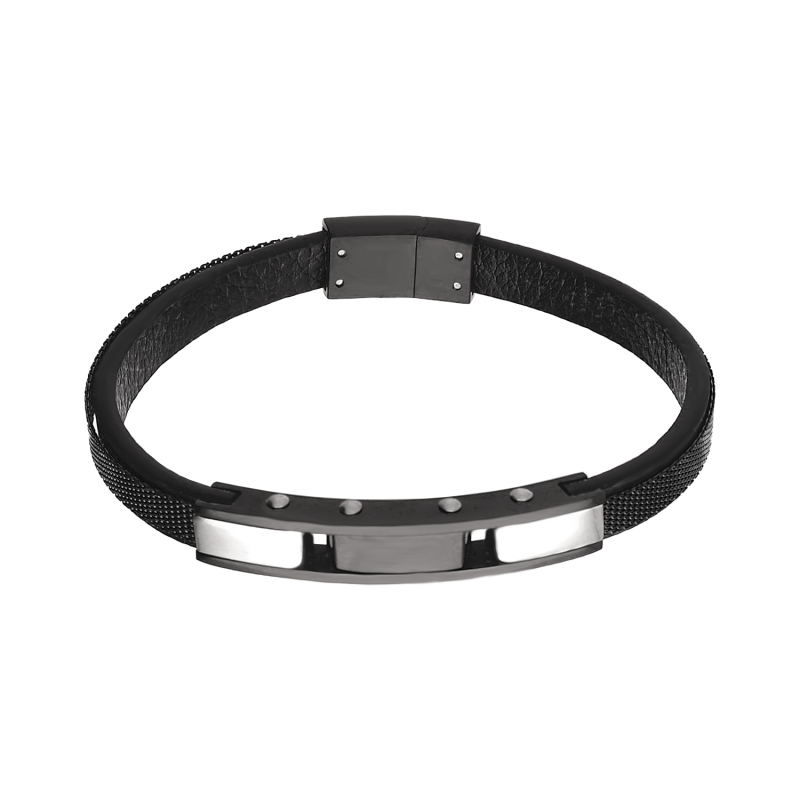 Bransoleta męska stalowa z blaszkami na pasku skórzanym - JubilerSezam.pl